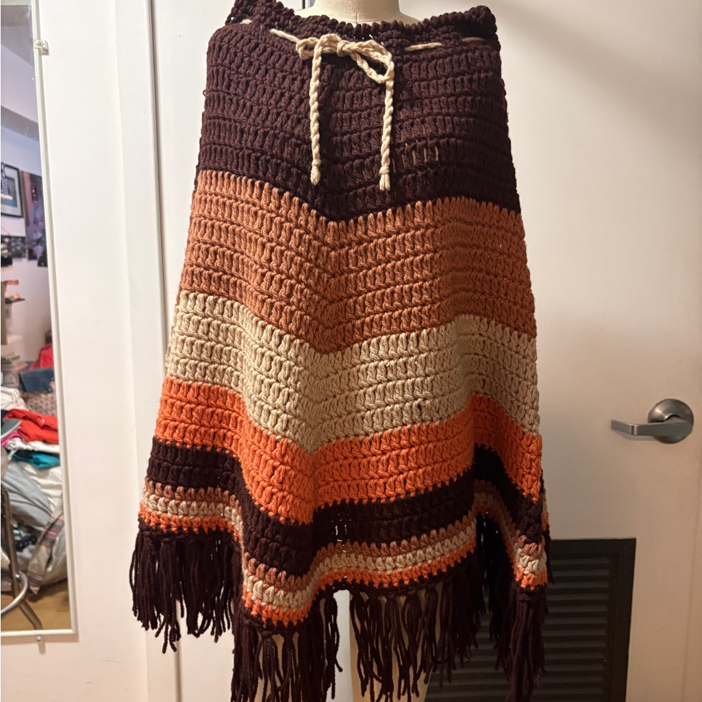 Vintage 60’s/70’s 100% Wool Striped Knit Crocheted Poncho- Made In Italy